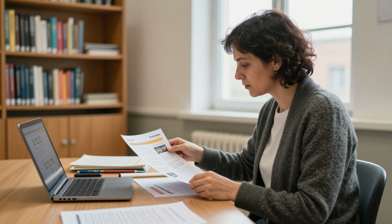 Teacher preparing a printed course booklet next to a laptop