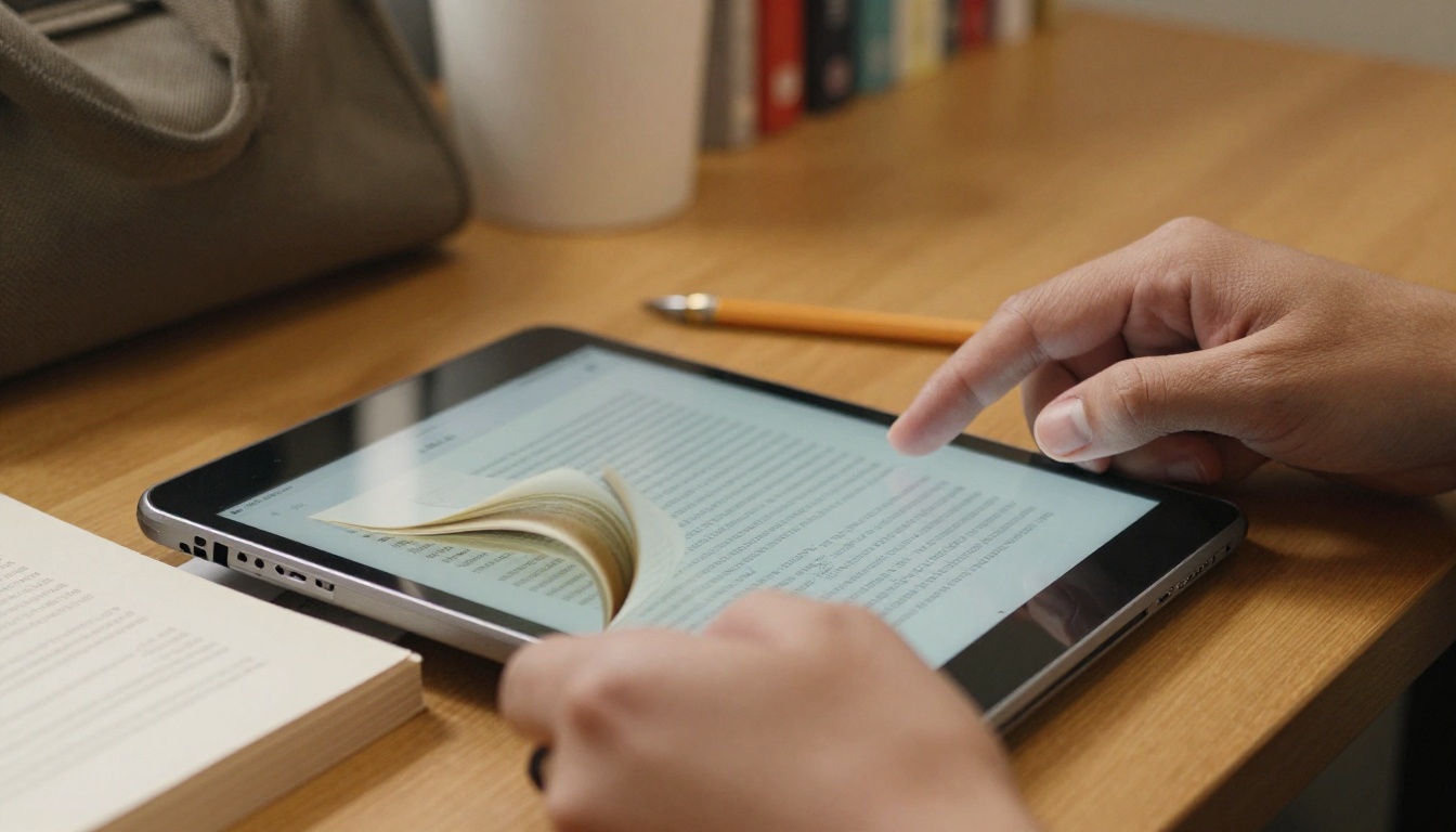 Hands holding a tablet that displays an open book with a curling page