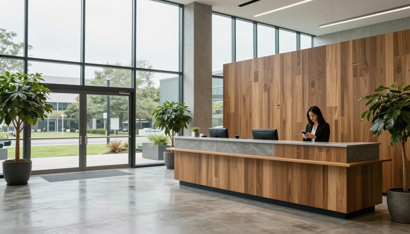 Lobby with a visitor checking a phone Lobby with a visitor checking a phone