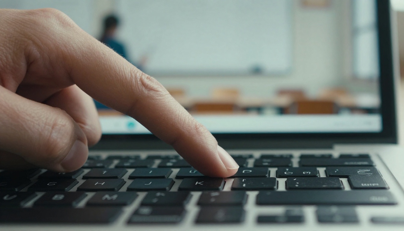 Close-up of a teacher's finger clicking a laptop trackpad with a classroom whiteboard blurred behind Close-up of a teacher's finger clicking a laptop trackpad with a classroom whiteboard blurred behind