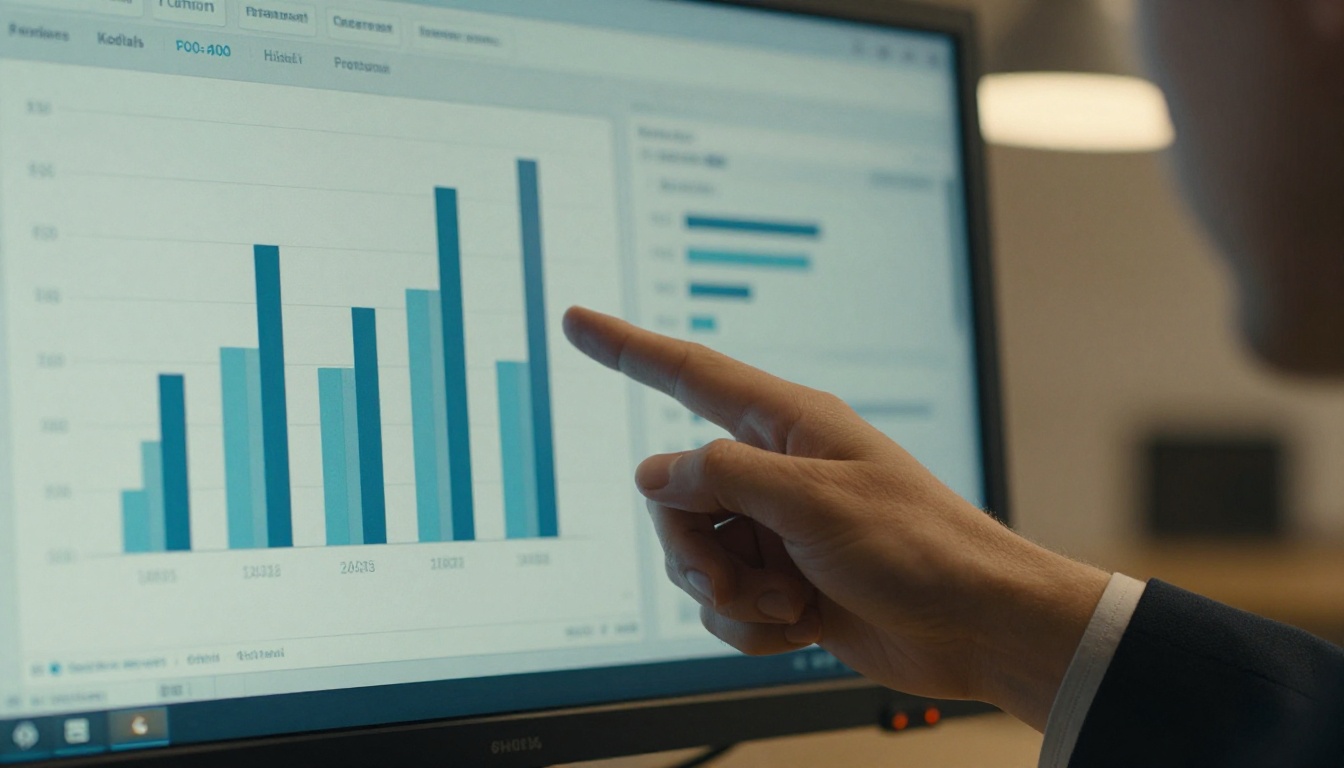 Professor pointing at a monitor showing a blurred dashboard
