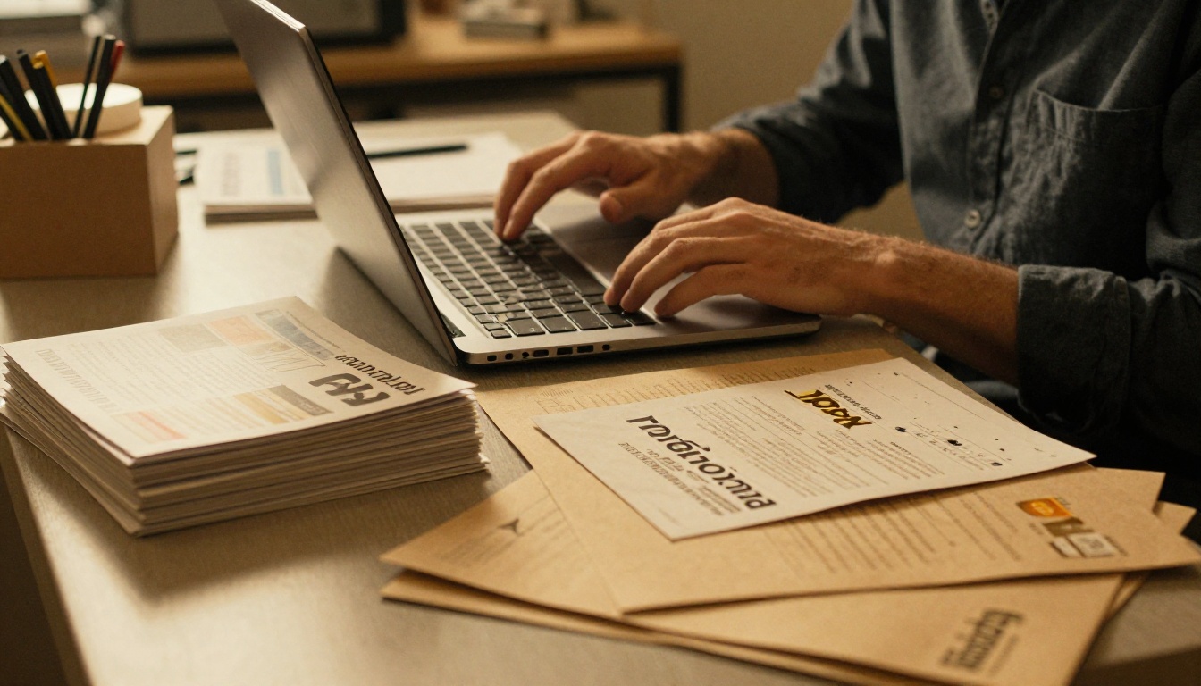 Small business owner checking a laptop beside printed brochures and booklets