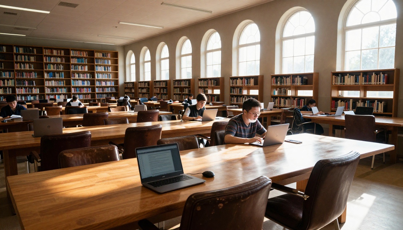 Wide view of a university library reading room with students working at long tables