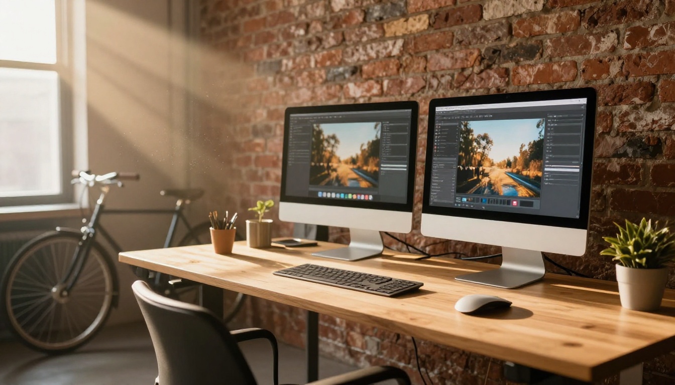 Freelance designer at a standing desk in a sunlit loft studio