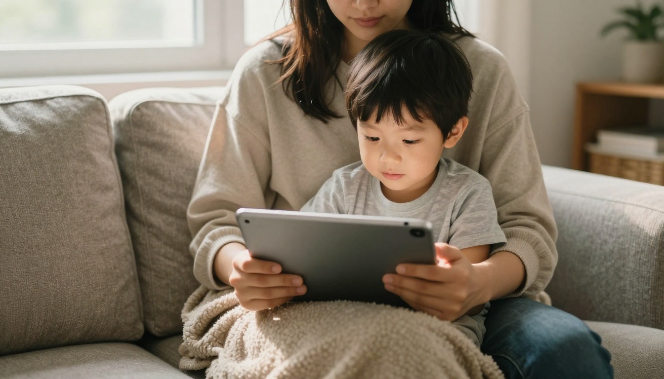 Parent and child on a sofa reading a digital book together on a tablet Parent and child on a sofa reading a digital book together on a tablet