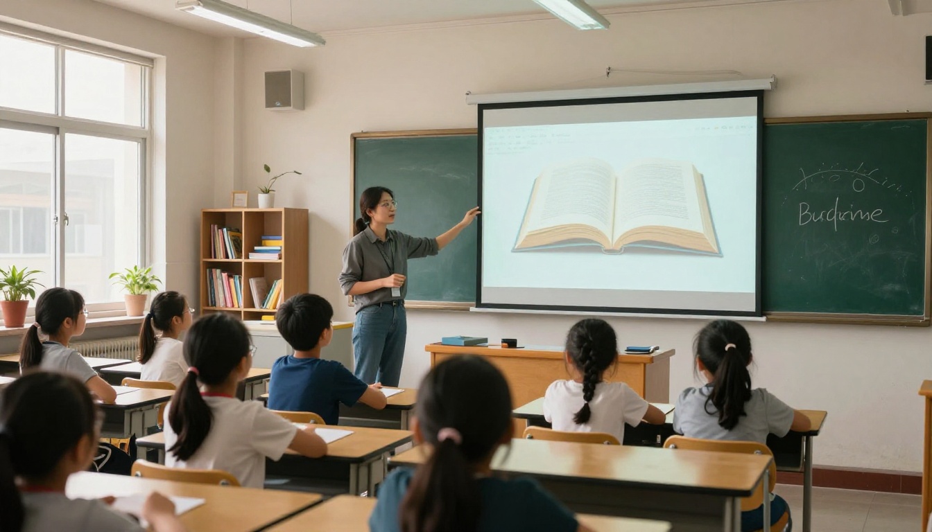 Teacher and students gathered around a projector screen showing an open book