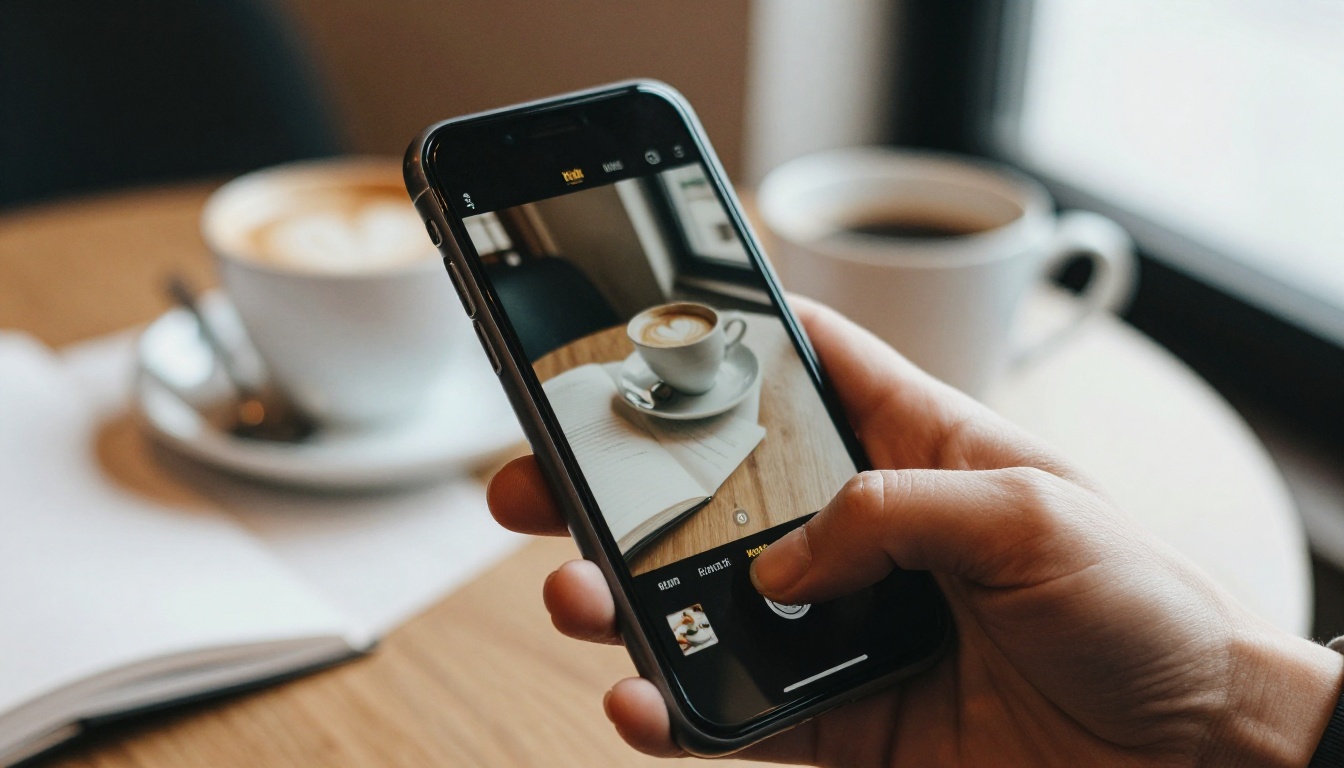 Smartphone showing a glossy brochure page next to a cappuccino on a cafe table
