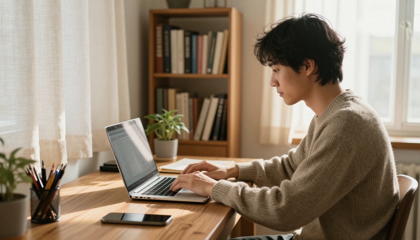 Remote employee reading a document at a home desk Remote employee reading a document at a home desk