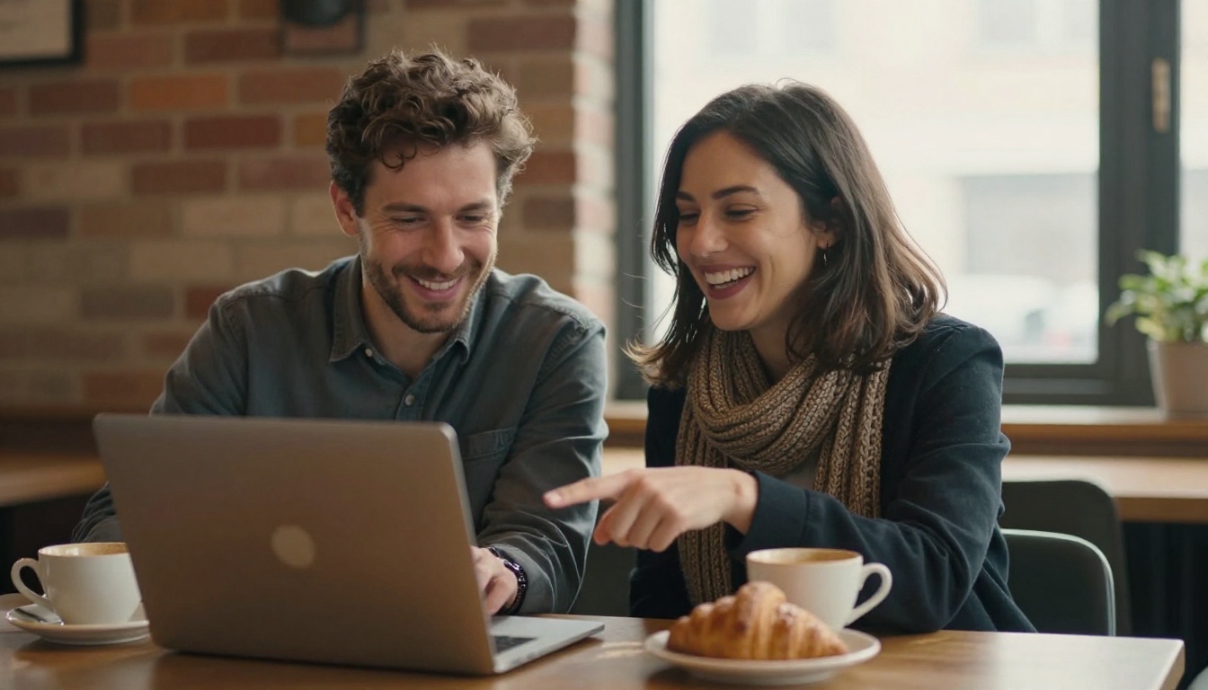 Two teachers sharing a laptop at a cafe table and laughing