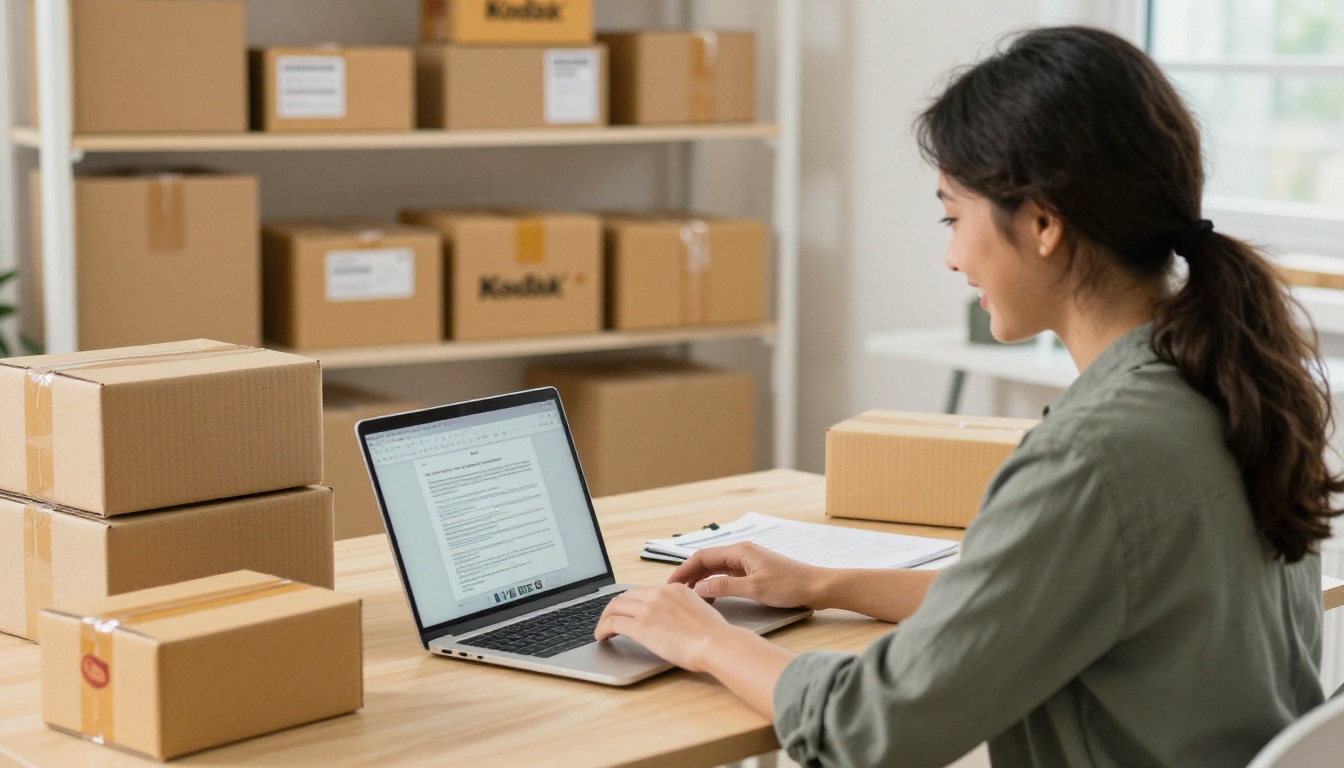 Small business owner smiling at a laptop in a workspace with shipping boxes