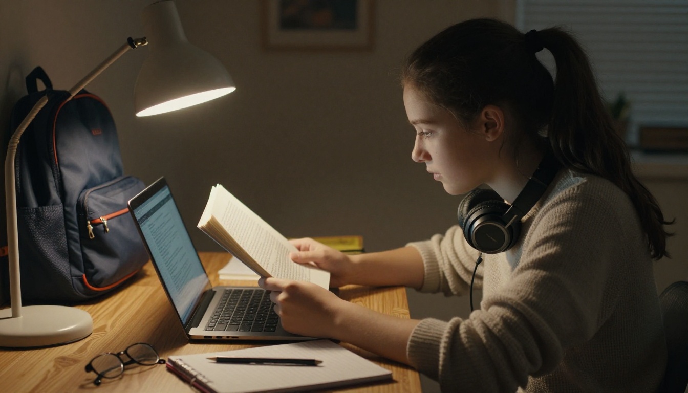 Teenage girl reading on a laptop at a home desk in the evening