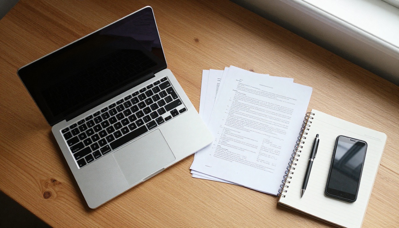 Desk with laptop, printed report and notebook seen from above