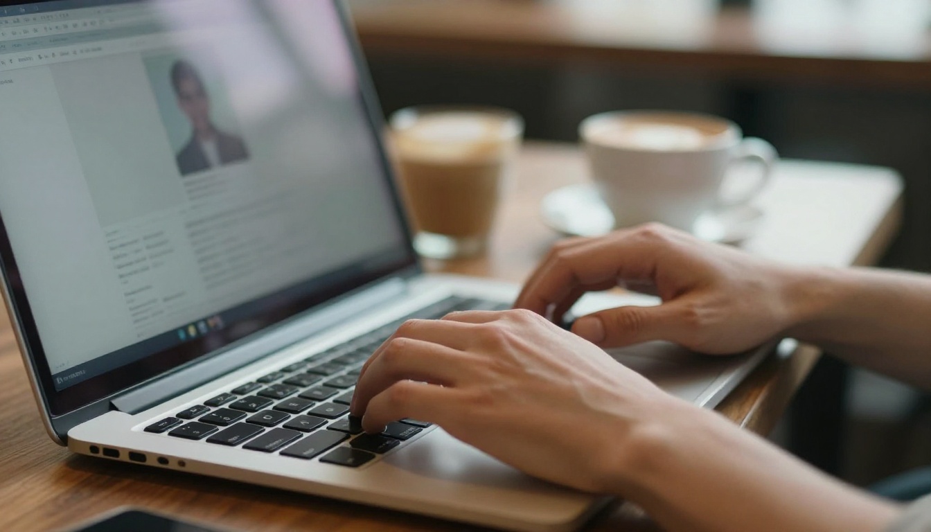 Hands typing on a laptop in a cafe with a latte nearby