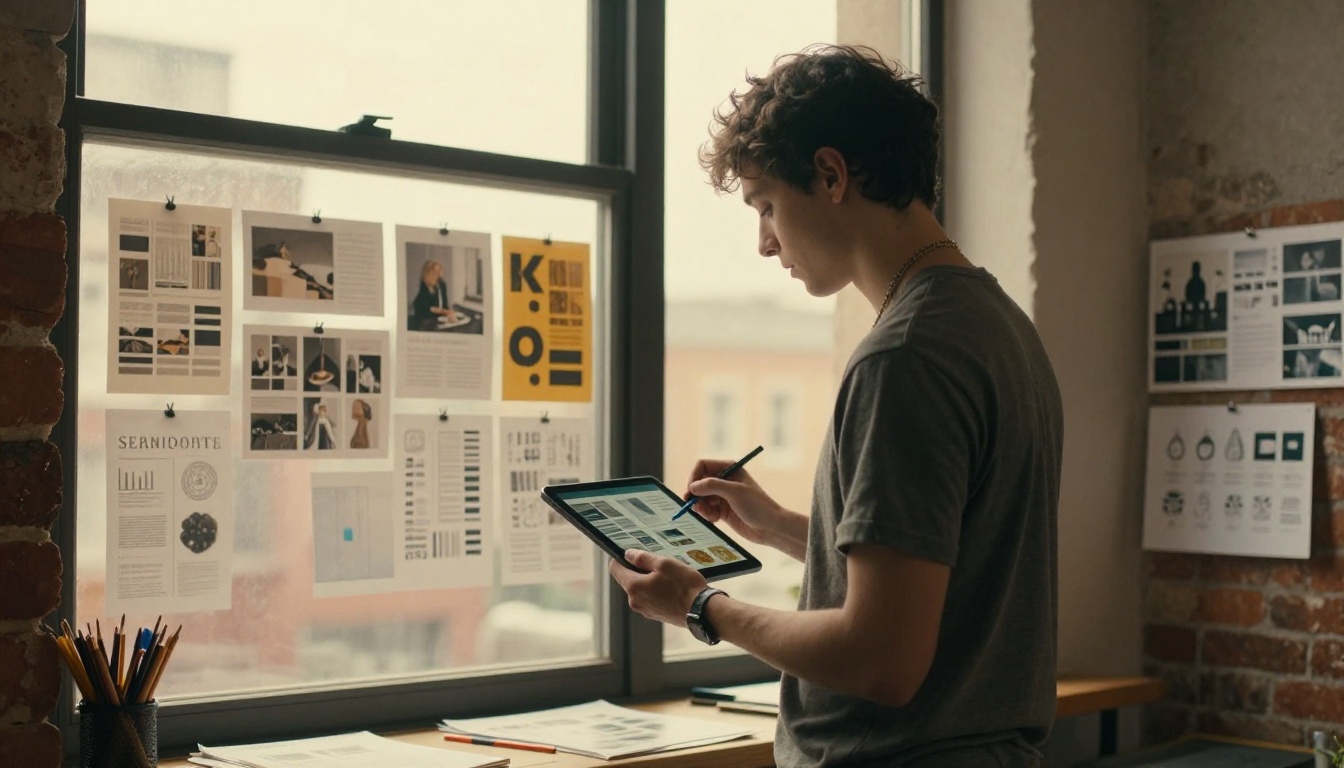 Designer holding a tablet with portfolio pages in a bright studio