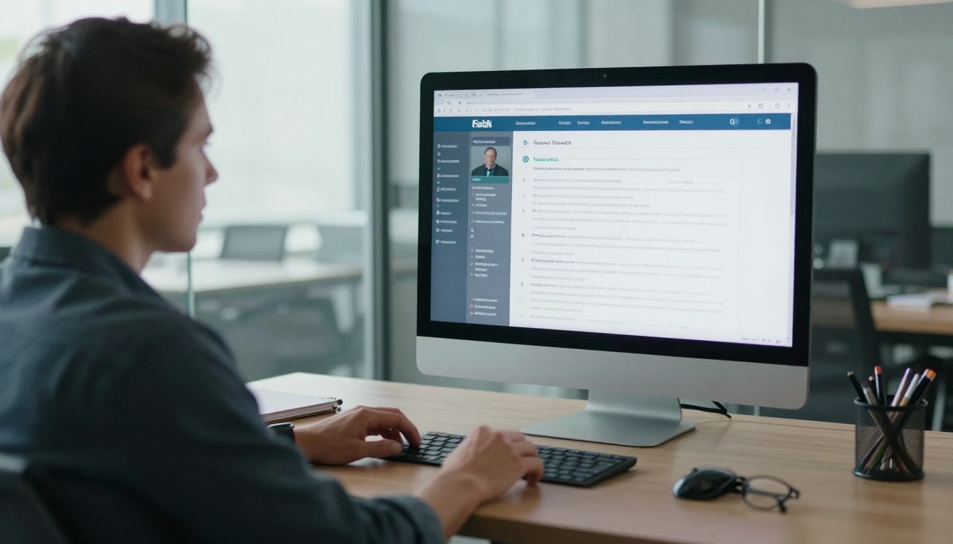 Recruiter reviewing a candidate profile on a monitor in a glass meeting room