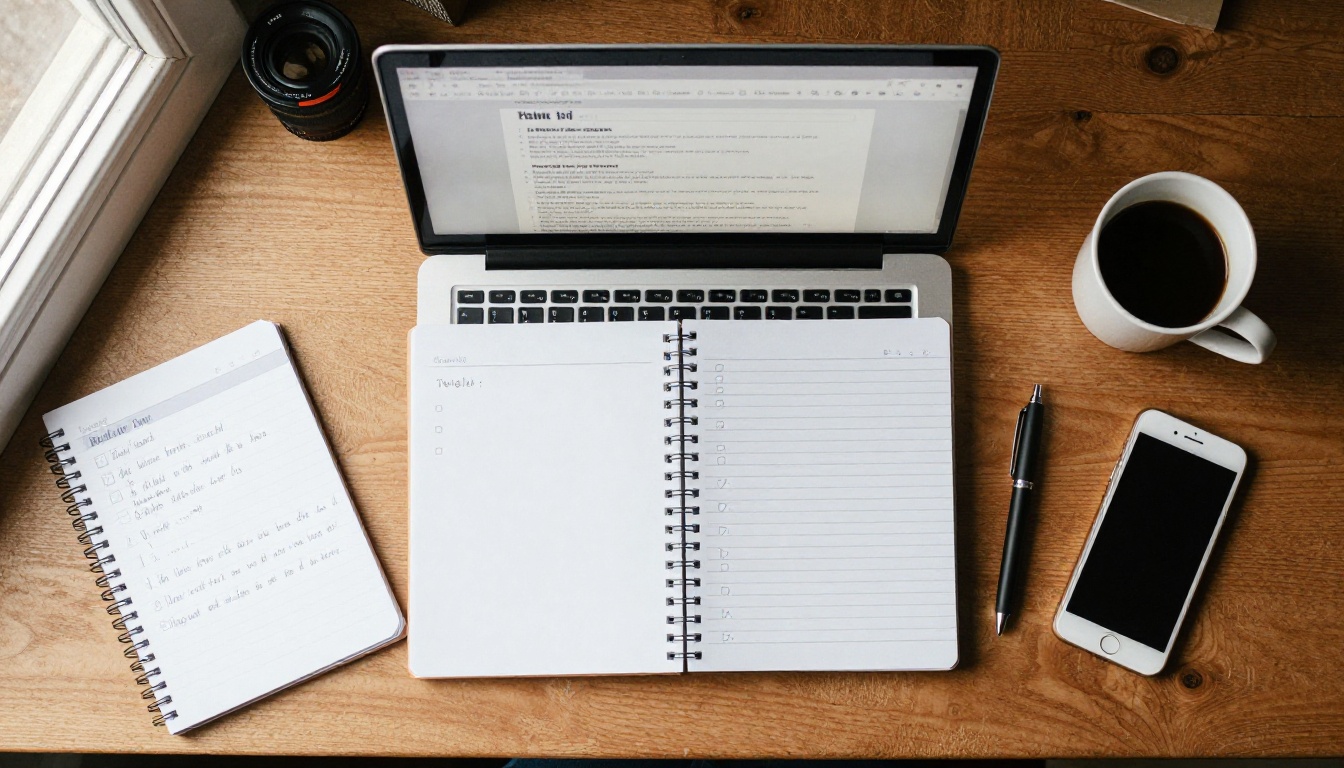 Overhead view of a desk with a laptop showing a wiki page and a handwritten checklist Overhead view of a desk with a laptop showing a wiki page and a handwritten checklist