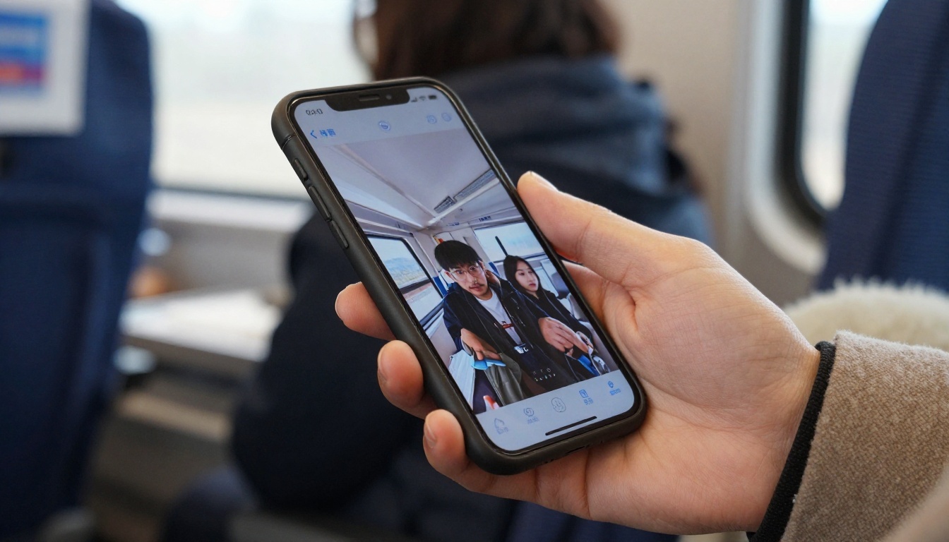 Smartphone held by a commuter on a train showing a scrolling feed