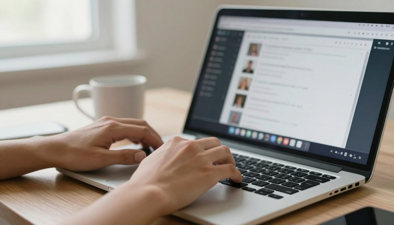 Close-up of hands typing on a laptop with a team workspace on screen