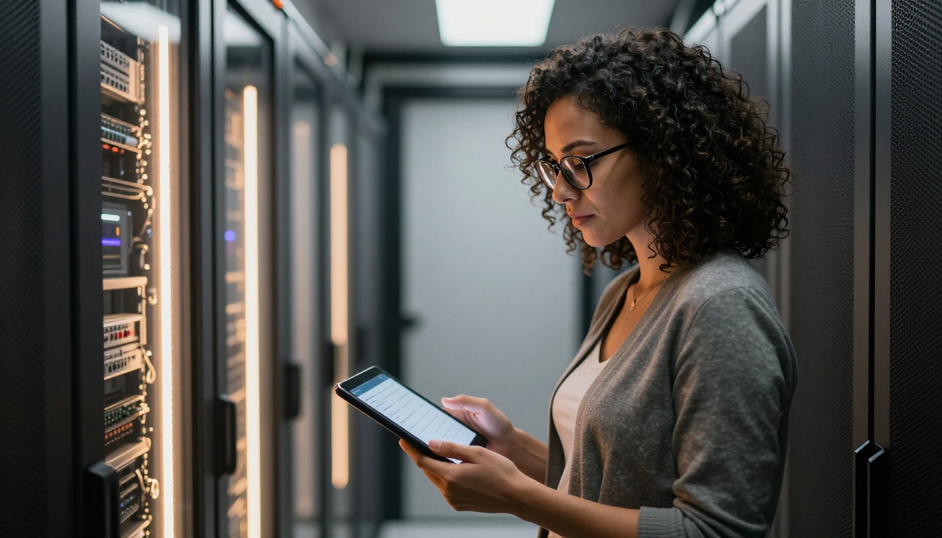IT administrator holding a tablet showing a settings page in a corridor IT administrator holding a tablet showing a settings page in a corridor