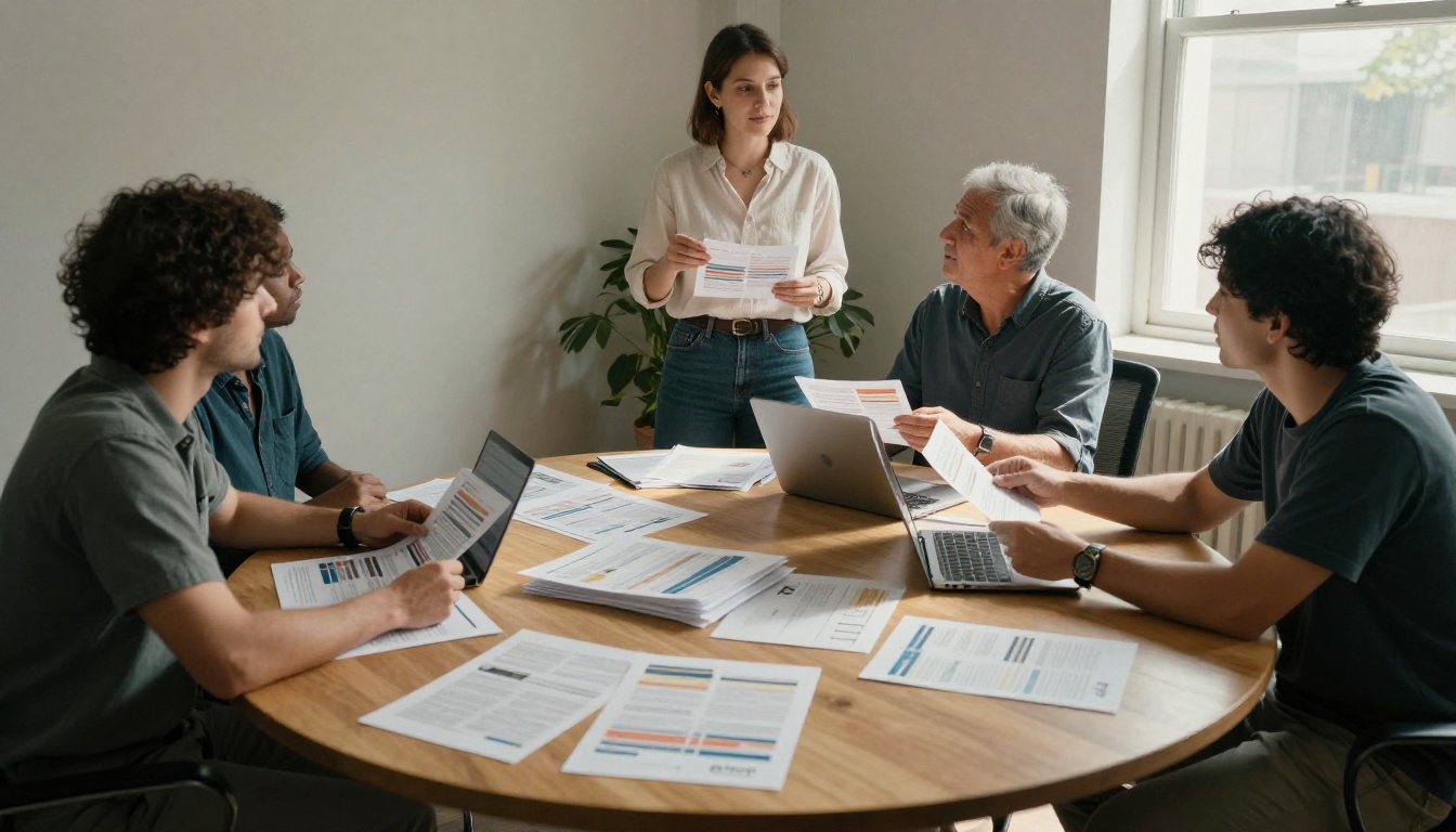 Business owner presenting printed materials to colleagues around a round table
