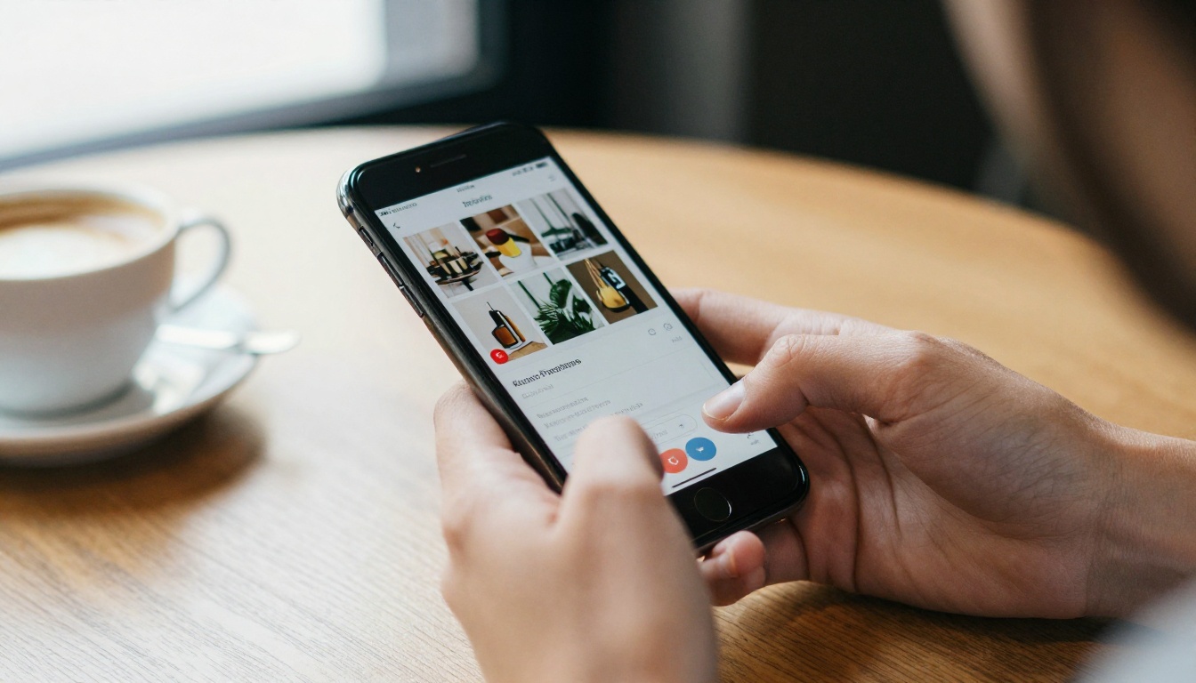 Hands holding a smartphone with a catalog email preview Hands holding a smartphone with a catalog email preview