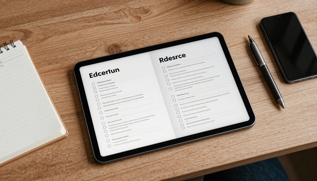 Aerial view of a desk with a tablet showing a digital brochure beside a printed copy