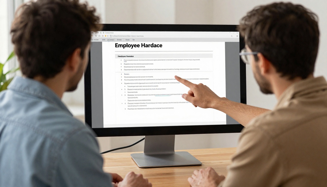 Two colleagues reviewing an employee handbook on a widescreen monitor Two colleagues reviewing an employee handbook on a widescreen monitor