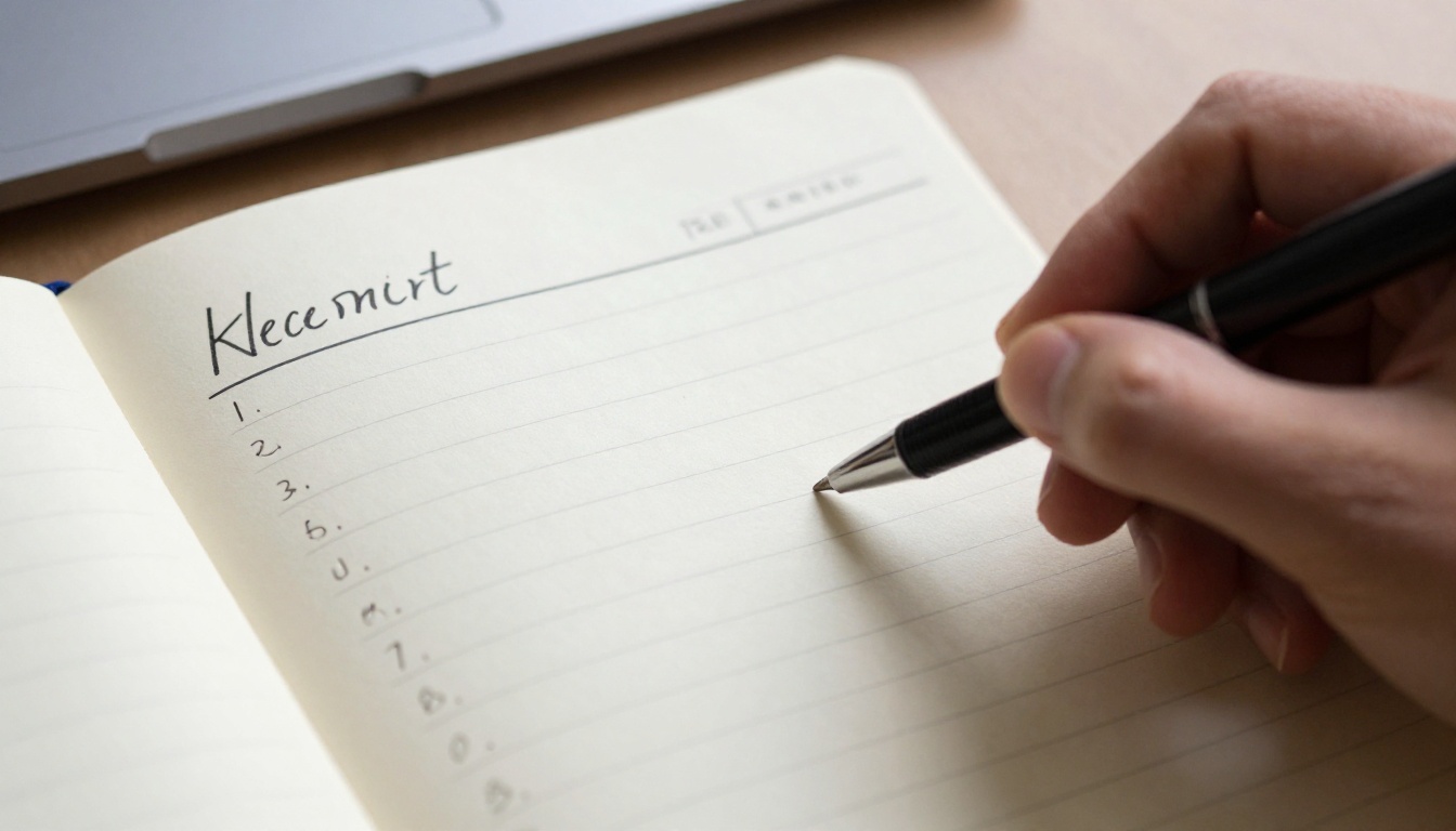 Close-up of a hand holding a pen over a notebook checklist