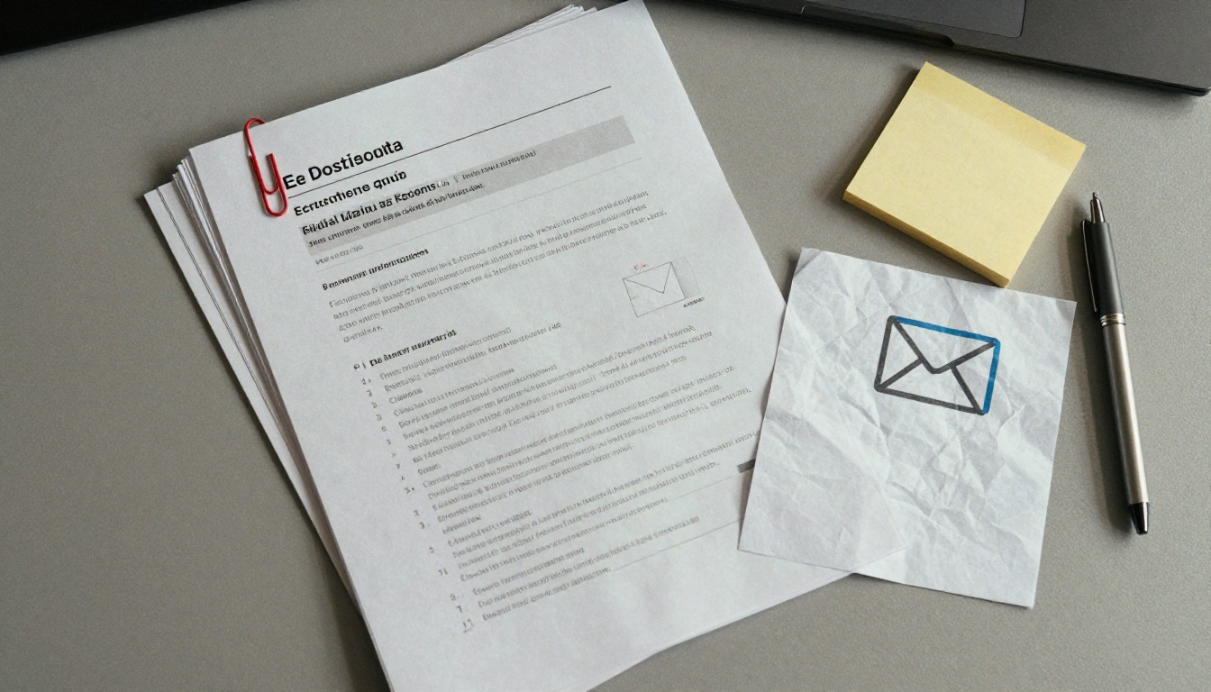 Printed PDF catalog stack with a paperclip on a gray desk Printed PDF catalog stack with a paperclip on a gray desk