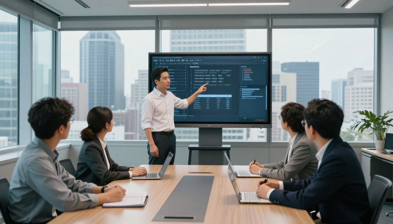 Manager presenting a document on a wall display to a seated team