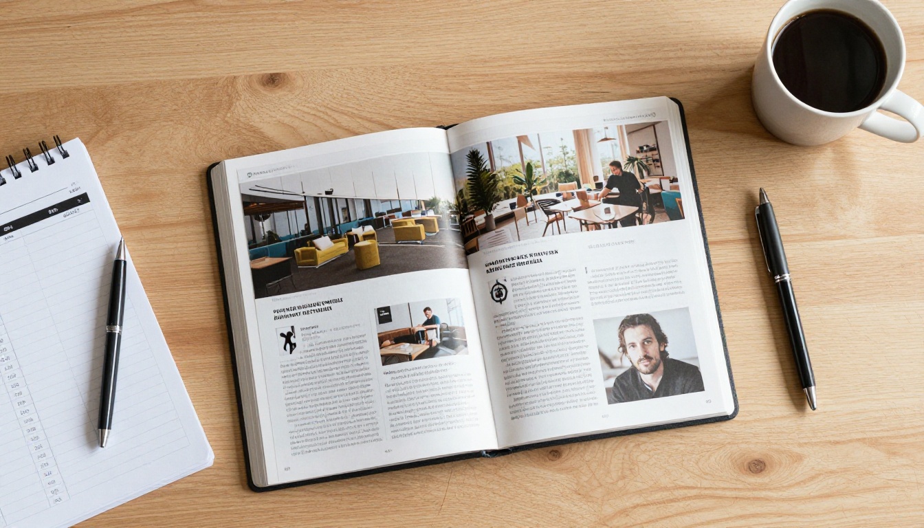 Tidy desk with a tablet showing a digital magazine, printed agenda and coffee cup Tidy desk with a tablet showing a digital magazine, printed agenda and coffee cup