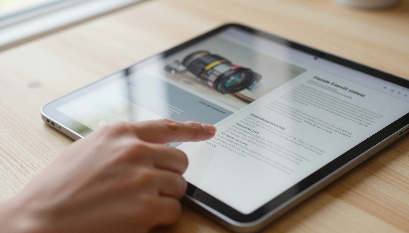 Woman swiping through a brochure with turning pages on a tablet Woman swiping through a brochure with turning pages on a tablet