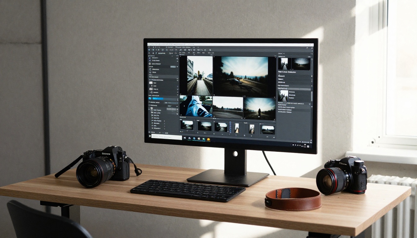 Photographer at a standing desk in a loft with a monitor showing a photo grid