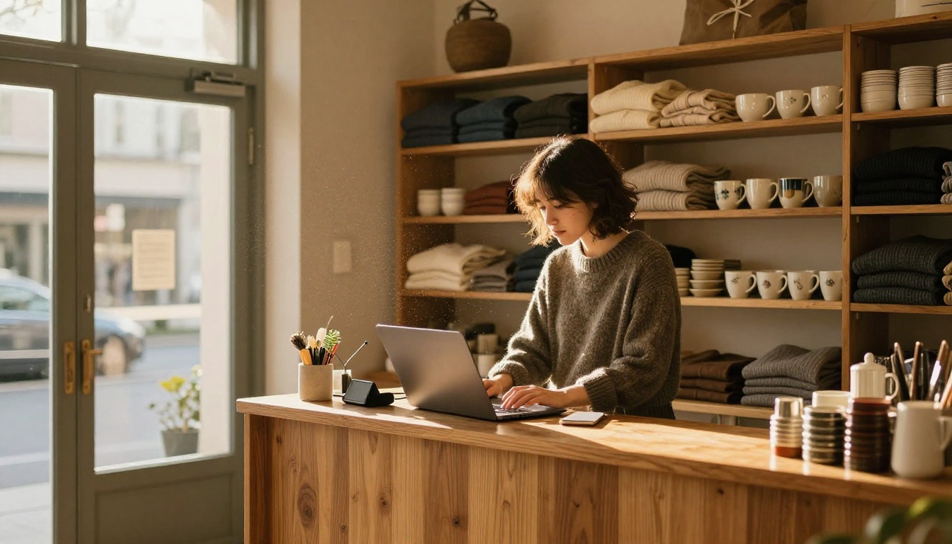 Boutique owner working on a laptop behind a shop counter Boutique owner working on a laptop behind a shop counter
