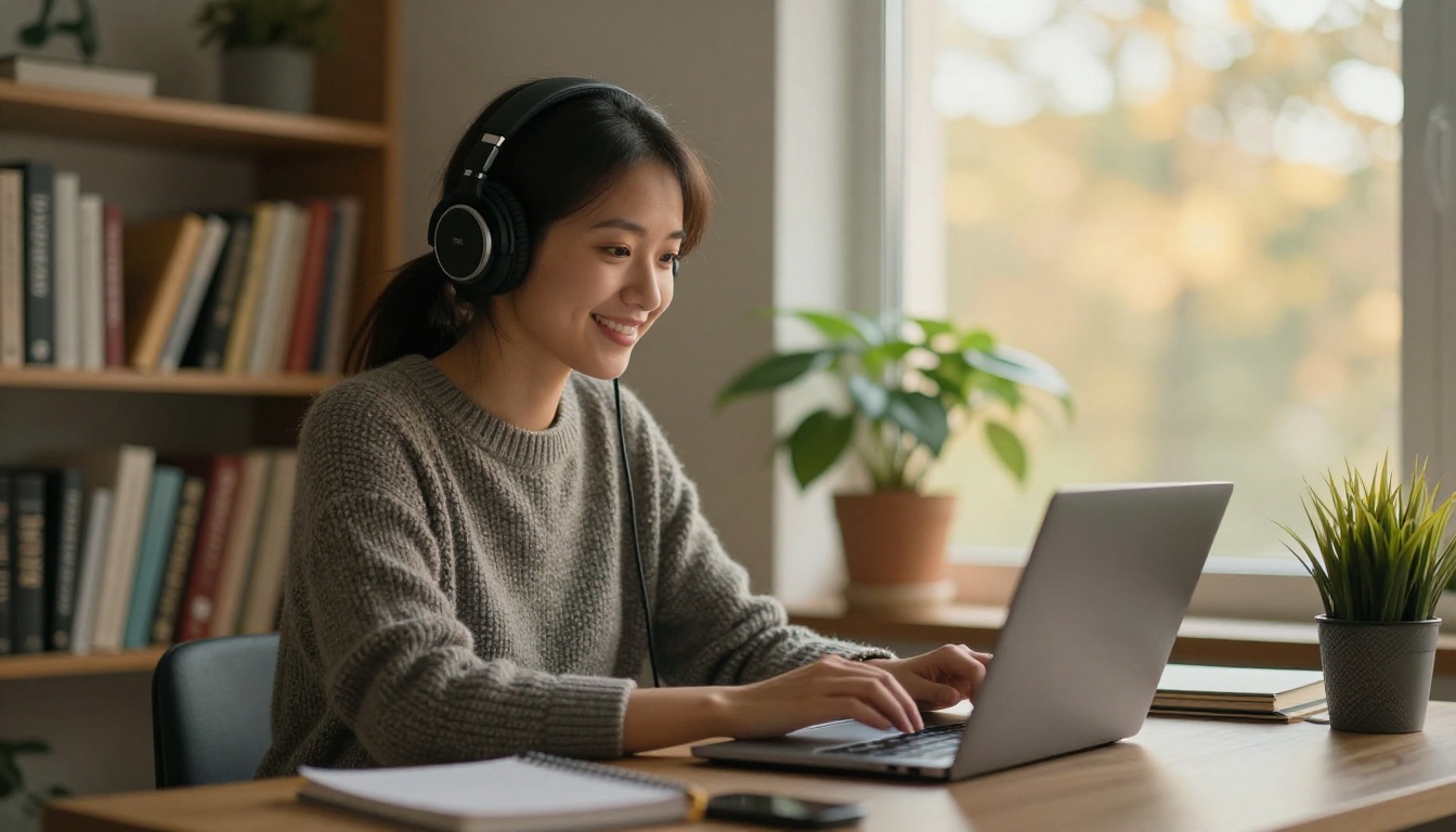Remote worker smiling at a laptop in a home office