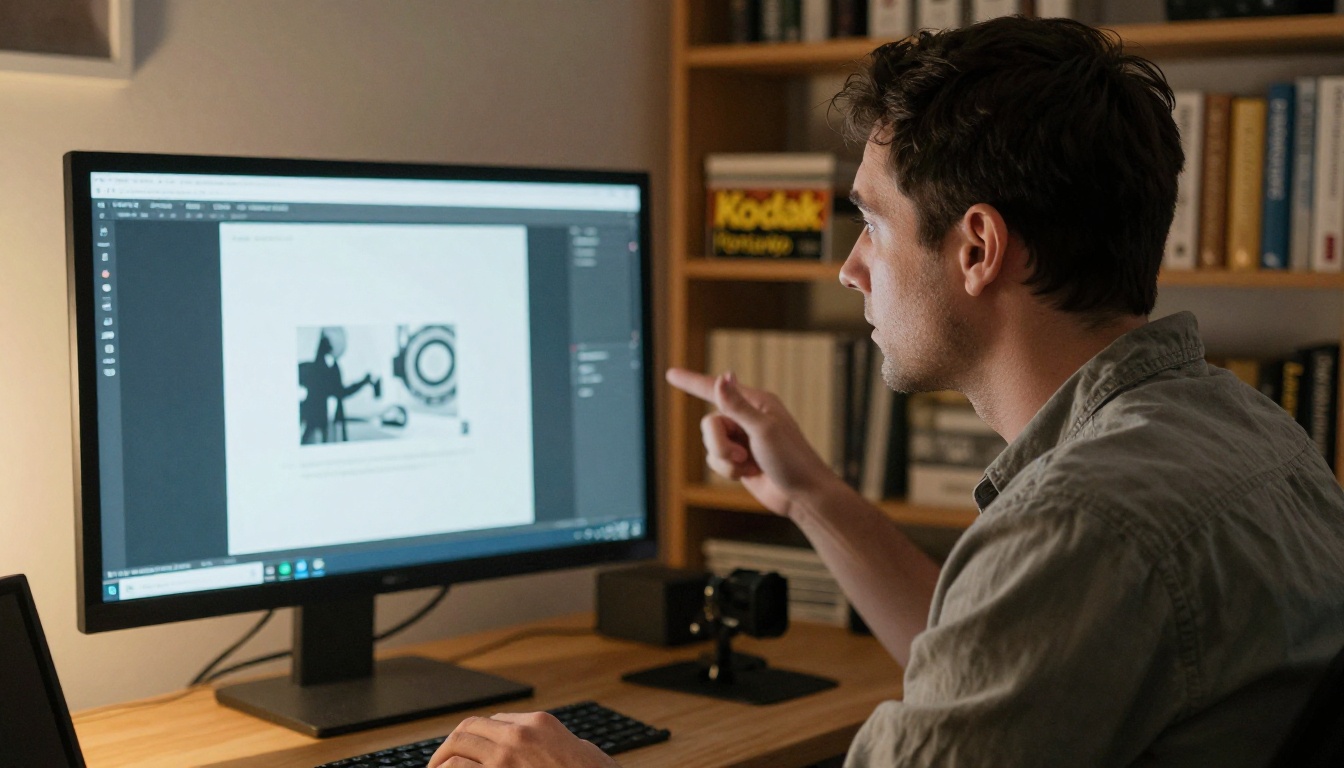 Presenter looking into the webcam in a small studio with a slide deck on a monitor beside them Presenter looking into the webcam in a small studio with a slide deck on a monitor beside them