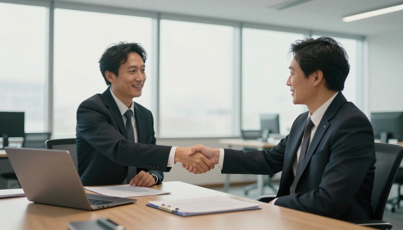Two colleagues shaking hands across a desk in a bright office