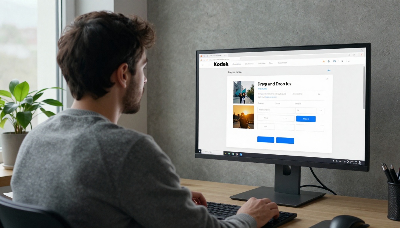 Man at a standing desk using a drag and drop email builder Man at a standing desk using a drag and drop email builder