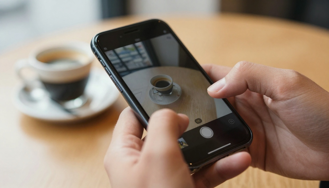 Mobile phone showing a document viewer in a cafe