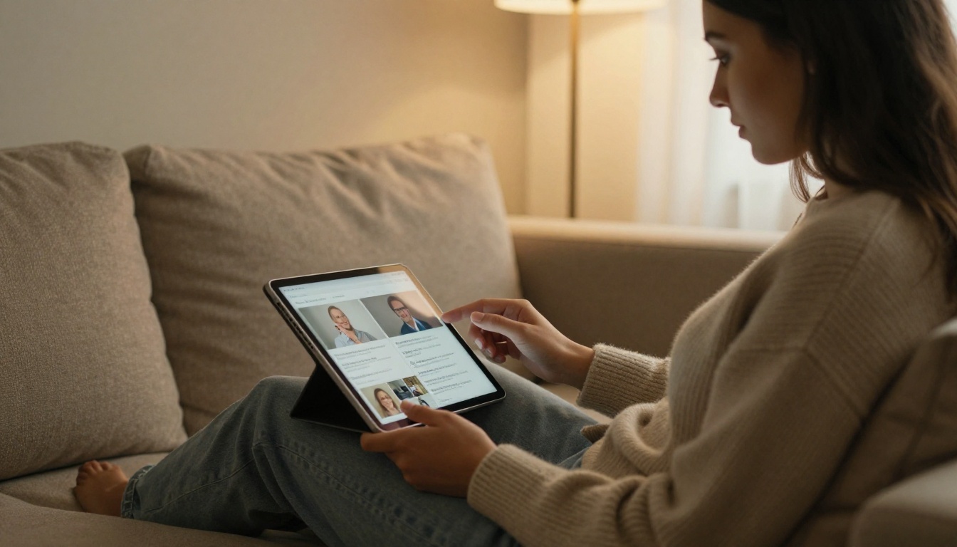 Young professional on a sofa scrolling through a digital brochure on a tablet after a webinar Young professional on a sofa scrolling through a digital brochure on a tablet after a webinar
