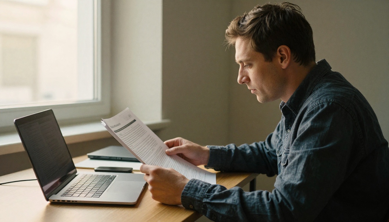 Project manager reading a printed report next to a laptop by a window Project manager reading a printed report next to a laptop by a window
