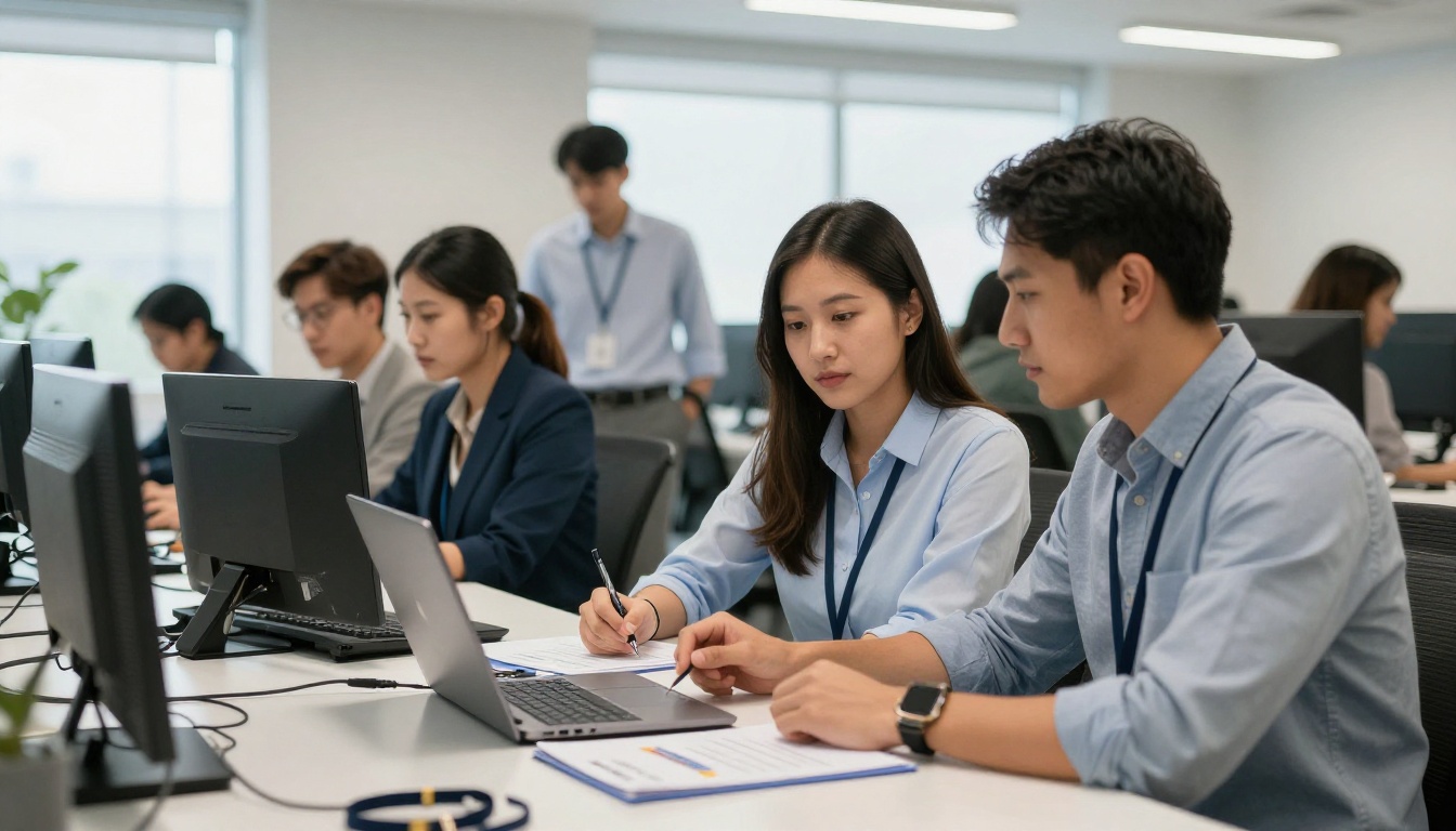 HR team member walking a new hire through onboarding at a desk