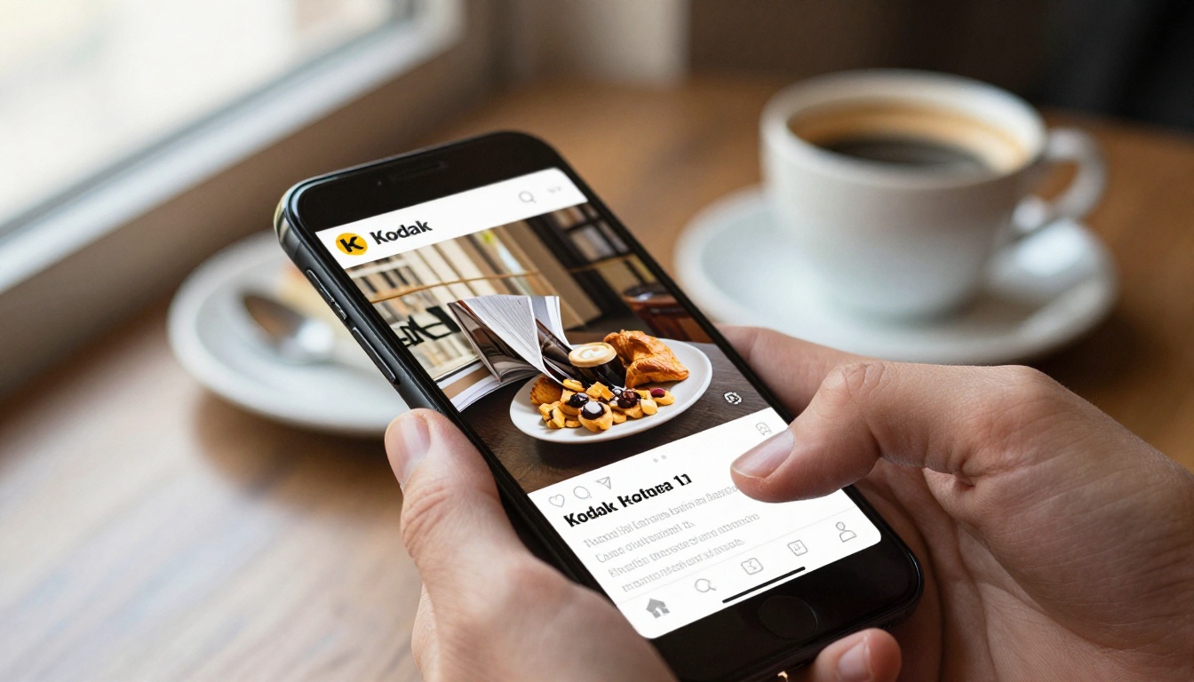 Hand holding a smartphone showing a digital magazine with a page mid-turn Hand holding a smartphone showing a digital magazine with a page mid-turn