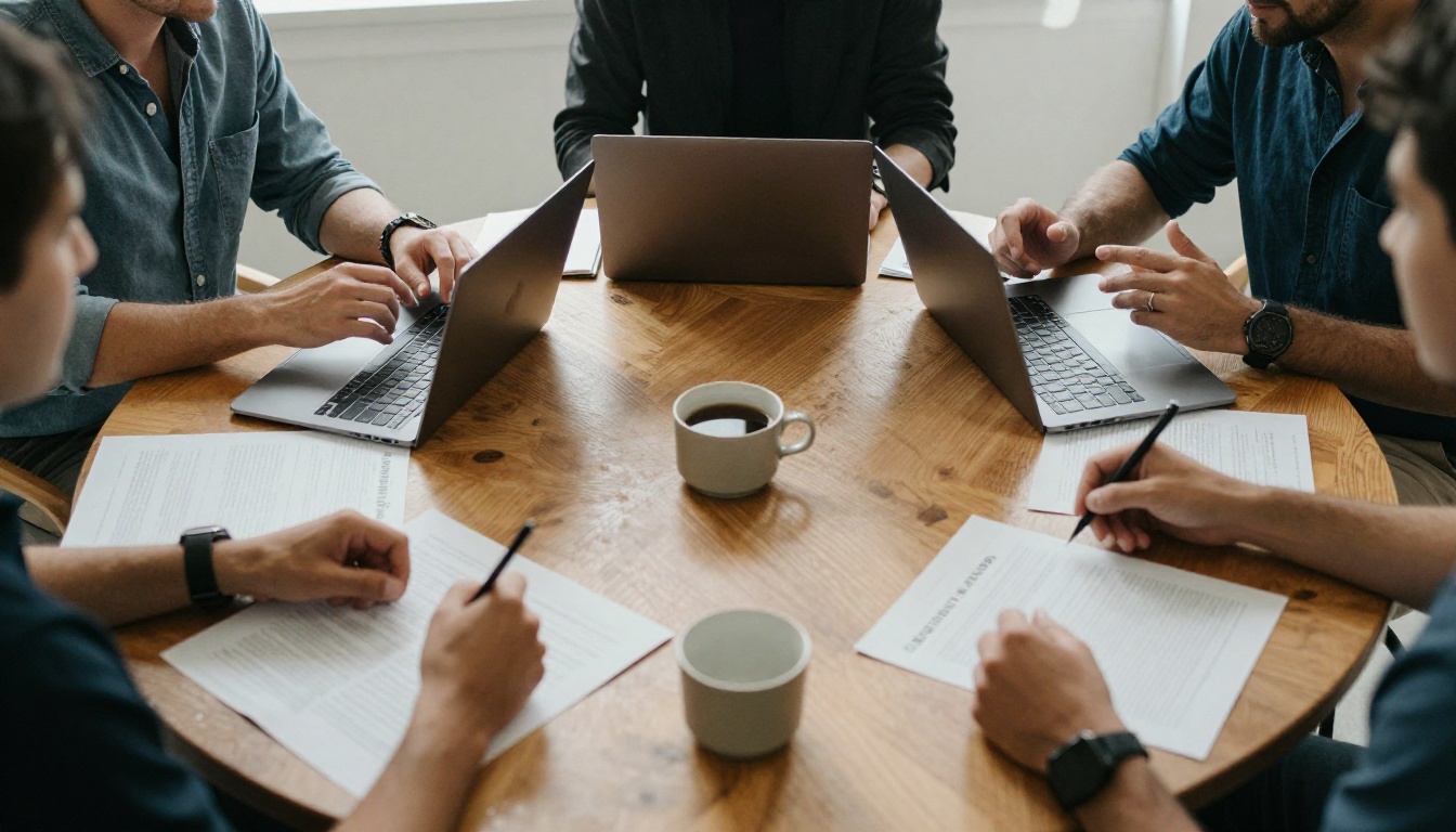 Small team meeting around a round table with laptops and printed handouts Small team meeting around a round table with laptops and printed handouts