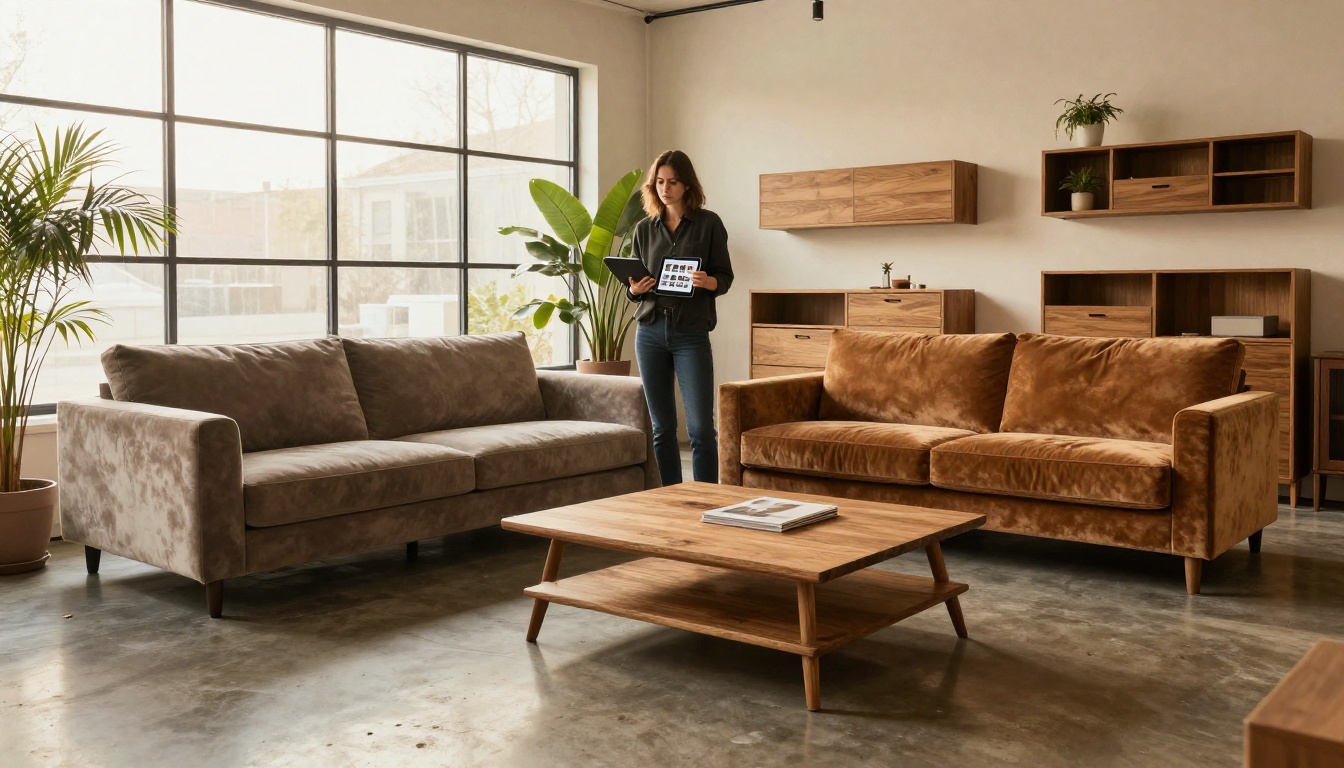 Furniture showroom designer holding a tablet with a catalog Furniture showroom designer holding a tablet with a catalog