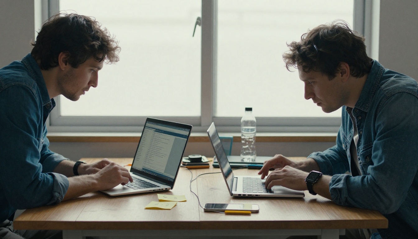 Two colleagues comparing laptops while troubleshooting