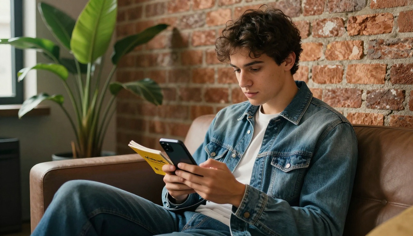 Young man reading a flipbook on his smartphone on an office sofa Young man reading a flipbook on his smartphone on an office sofa