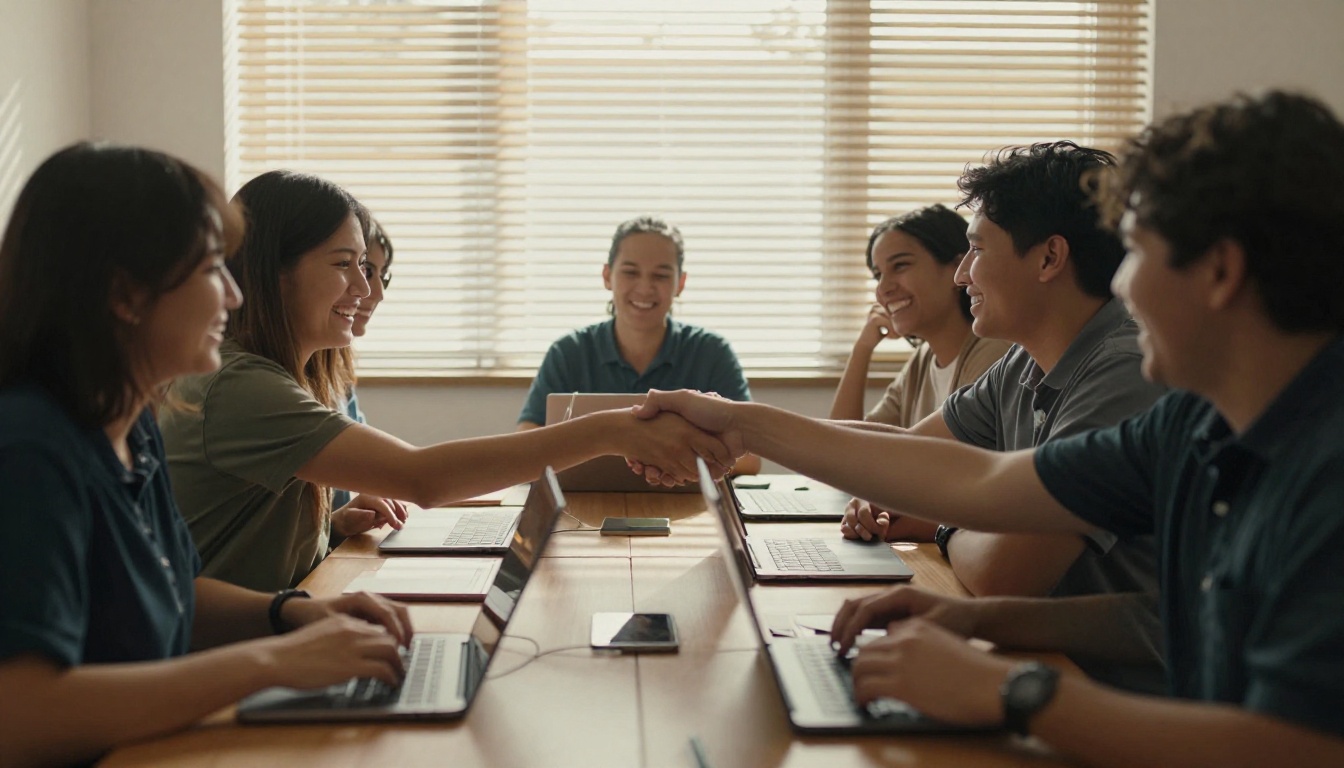 A team celebrating quietly after a meeting at a long table