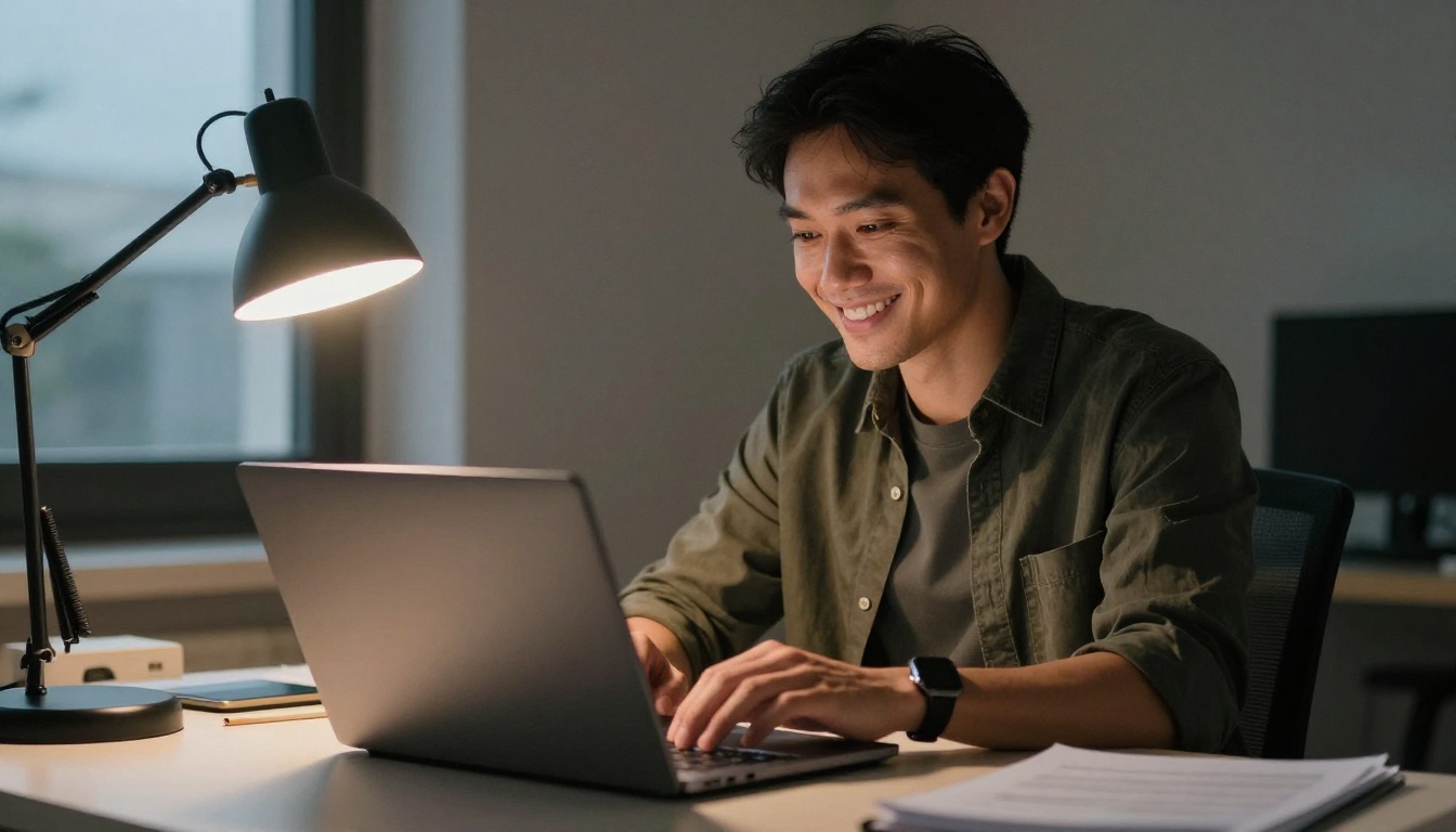 Team lead smiling while closing a laptop at the end of the workday Team lead smiling while closing a laptop at the end of the workday