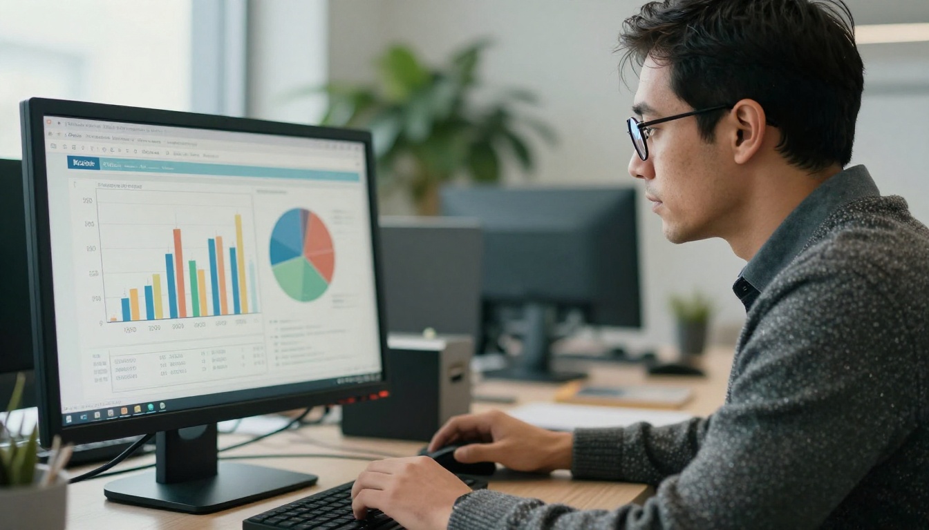 Marketing manager reviewing analytics charts on a monitor in a modern office Marketing manager reviewing analytics charts on a monitor in a modern office